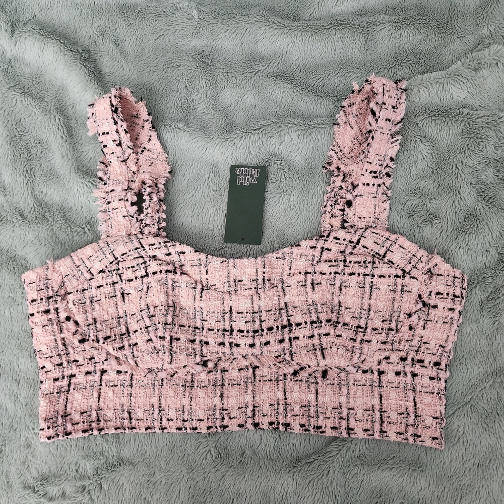 Wild Fable Pink Tweed Bouclé Plaid Cropped Tank Top Sweetheart Neckline Bustier